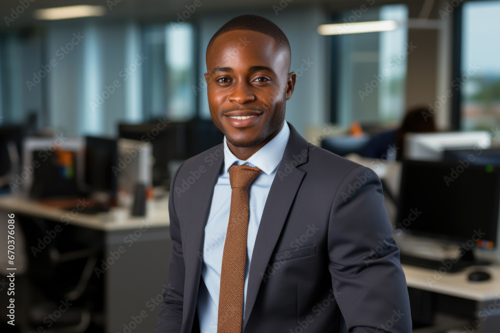Professional man wearing suit and tie standing confidently in office. This picture can be used to depict professionalism, business, and corporate environments. Professional man wearing suit and tie standing confidently in office. This picture can be used to depict professionalism, business, and corporate environments.