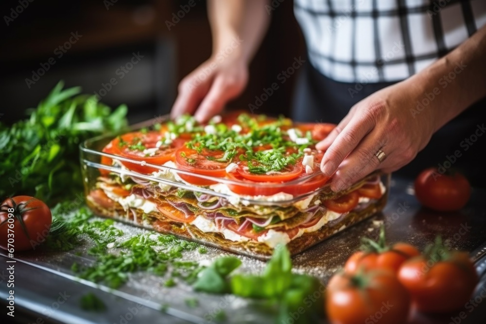 hand layering slices of fresh tomatoes in lasagna