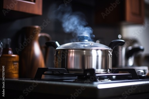 stainless steel tea kettle on a gas stove