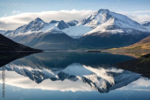 a shimmering lake reflecting a mountain range