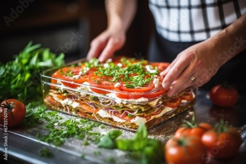 hand layering slices of fresh tomatoes in lasagna