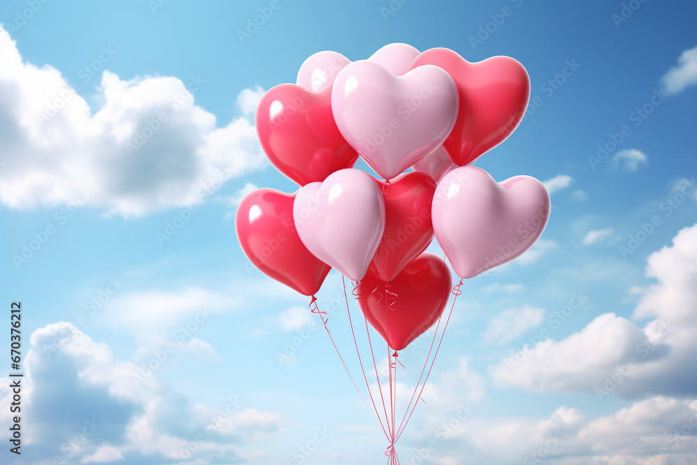 Beautiful heart shaped balloons in cloudy blue sky