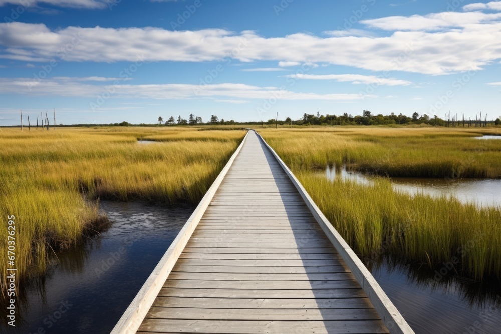 nature boardwalk extending over a marshland
