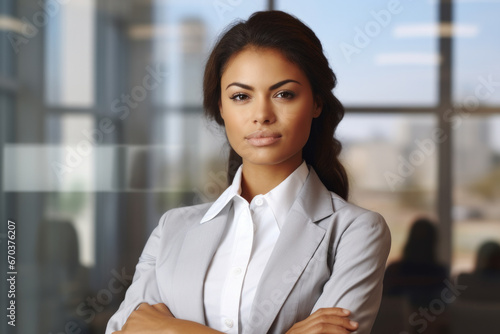 Confident woman dressed in business suit standing with her arms crossed. Perfect for corporate and professional concepts.