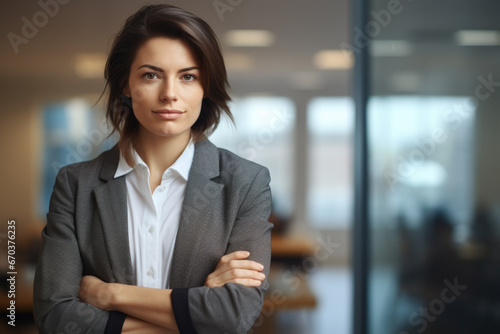 Professional woman wearing business suit stands confidently with her arms crossed. Confidence, leadership, and professionalism in various business and corporate settings.