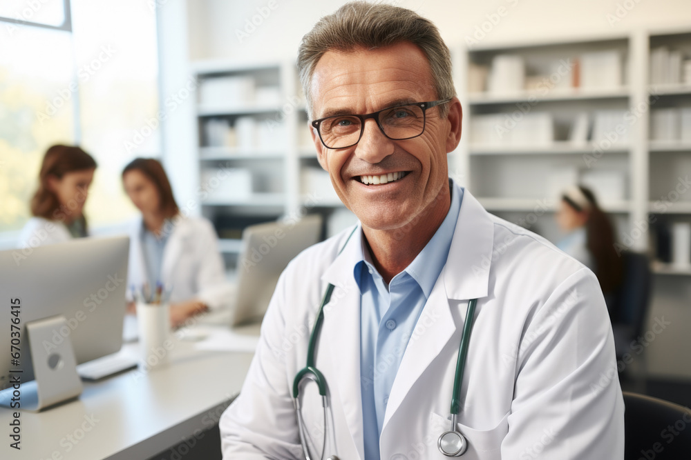 Man wearing lab coat is seated at desk, focused on his work. This image can be used to represent research, scientific experiments, or professional work in laboratory or office setting. Man wearing lab coat is seated at desk, focused on his work. This image can be used to represent research, scientific experiments, or professional work in laboratory or office setting.