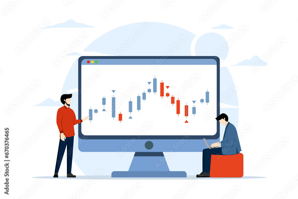 Stock market analysis concept, stock trading, forex, bitcoin, currency, candlestick analyst, analysis, commodities, businessman doing stock market analysis. flat vector illustration for banner.