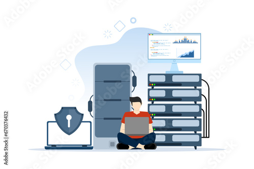 database security concept, data center, programming, engineer, technology, data transmission scheme, secure connection. server rooms, data centers, and databases. safe and secure flat vector.