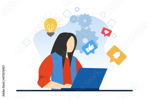 Social media marketing concept, strategy, online business, startup, trend, viral, like, hashtag and comment, flat vector illustration banner background for website landing page.