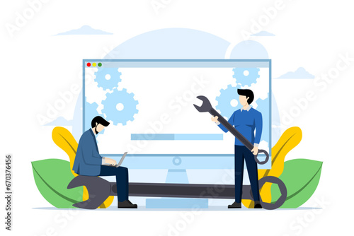Concept of system maintenance, program and application update, technology, engineer, error, problem fix, device update, software upgrade process, system update, operating system update.