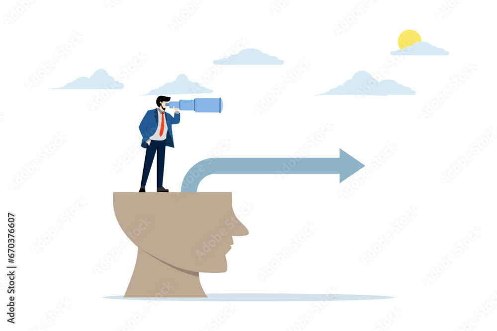 Concept of mindset and vision of a leader in making business decisions, Brain makes decisions, Businessman finds the way forward from his head, flat vector illustration on white background. Concept of mindset and vision of a leader in making business decisions, Brain makes decisions, Businessman finds the way forward from his head, flat vector illustration on white background.