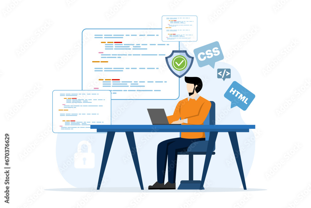 Web development or programming language concept. css, html, IT, ui. Cartoon character programmer developing website, coding. Software developer with laptop. Vector illustration on white background. Web development or programming language concept. css, html, IT, ui. Cartoon character programmer developing website, coding. Software developer with laptop. Vector illustration on white background.