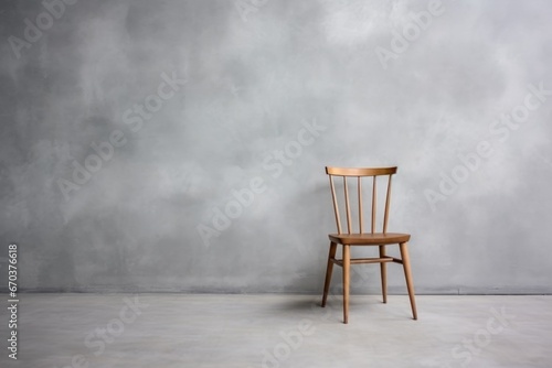 simple wooden chair against a blank gray wall