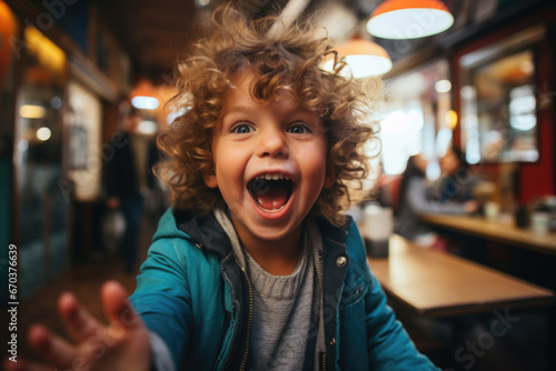 Little boy with curly hair is making funny face. This picture can be used to depict humor or playful moments.