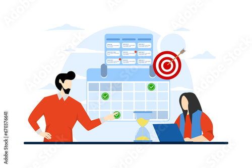 Time management concepts regarding schedules, deadlines, planners, planning and organizing, scheduling appointments on a calendar, marking tasks in a list and organizing office workflow.