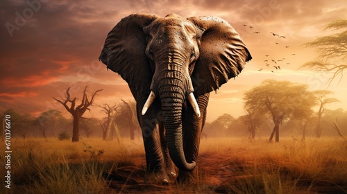 elephant at sunset in the forest photo