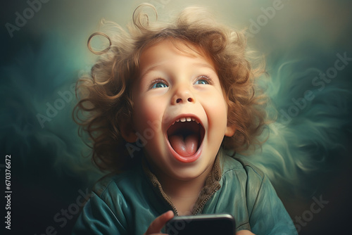 Little girl with curly hair is holding cell phone. This image can be used to depict technology use by children or to illustrate concept of communication and connectivity in digital age. photo