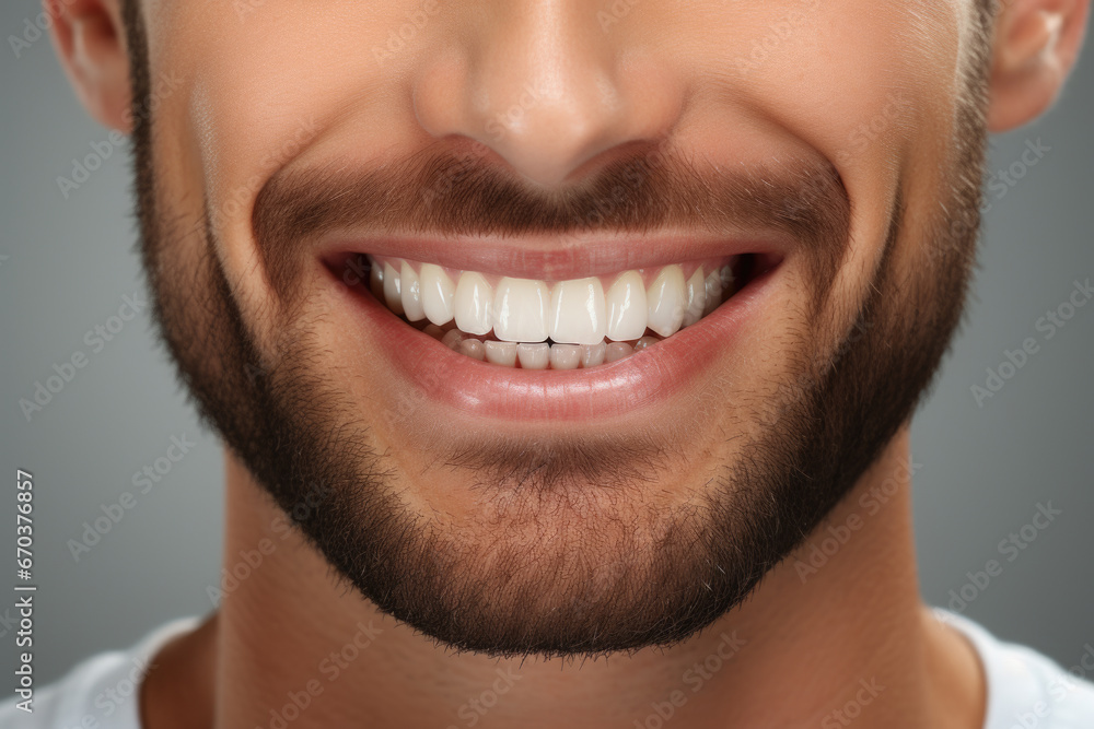 Fototapeta premium Close-up shot capturing smiling face of man with beard. This image can be used to convey happiness, positivity, and confidence. Suitable for various projects and designs.