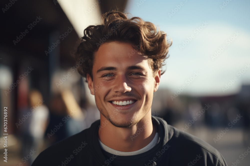 Young man with curly hair smiling at camera. This picture can be used for various purposes, such as advertising, social media, or website content.
