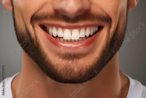 Close up photograph of man with beard wearing smile. This image can be used to convey happiness, positivity, and confidence.