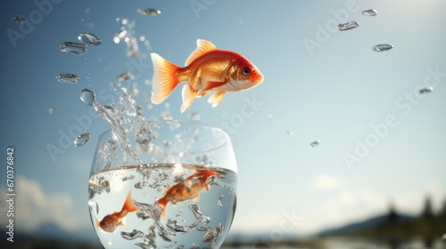 Fish leap out from a glass into a lake, bigger wider environment. Concept of courage to leave the comfort zone or free oneself for the better photo