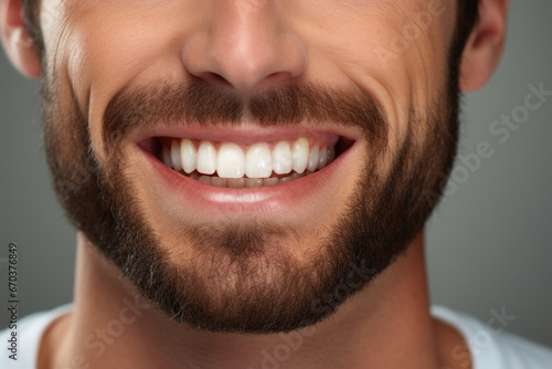 Close-up photograph of man with beard smiling. This image can be used to convey happiness, positivity, and confidence. Perfect for advertising, social media, or personal projects. © vefimov