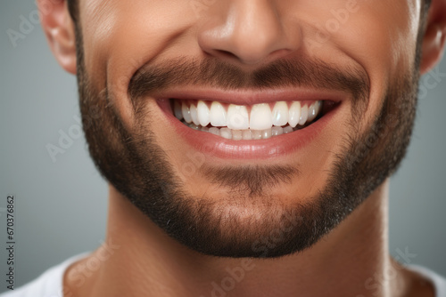 Close-up view of man with beard wearing smile. This image can be used to convey happiness, positivity, and approachability. Ideal for marketing, advertising, and social media campaigns.