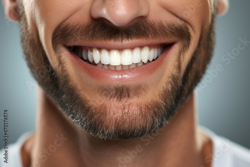 Close-up shot of man with beard smiling. This image can be used to convey positivity, happiness, or confidence in various projects. © vefimov