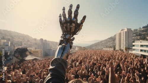 Humanoid robot's hand raises up infront of cheering crowd. AI take control of human. Artificial Intelligence rules over humanity. photo