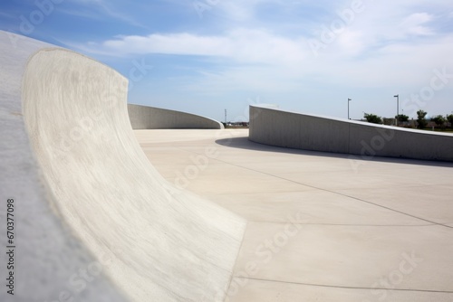 skateboard on a concrete skate park, ramp in view