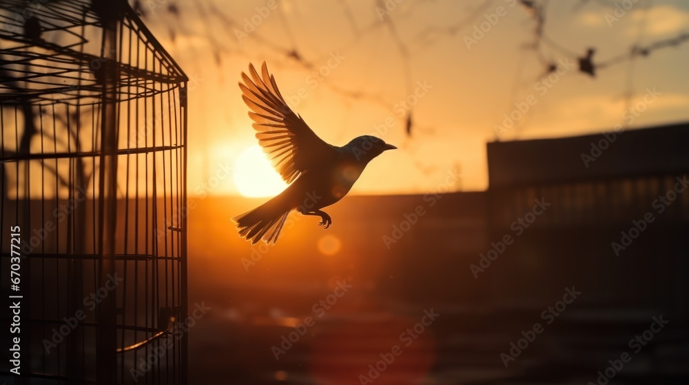 A bird frees itself flying out of the cage with morning sunlight in the background. Freedom, courage, independence, liberty, and release concept. - obrazy, fototapety, plakaty 