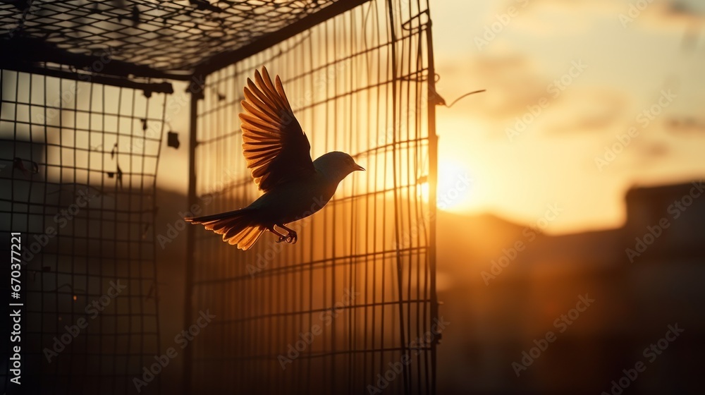 Fototapeta premium A bird frees itself flying out of the cage with morning sunlight in the background. Freedom, courage, independence, liberty, and release concept.