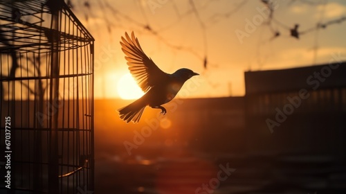 A bird frees itself flying out of the cage with morning sunlight in the background. Freedom, courage, independence, liberty, and release concept. photo