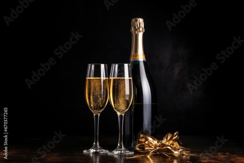 a sealed bottle of champagne beside two glasses