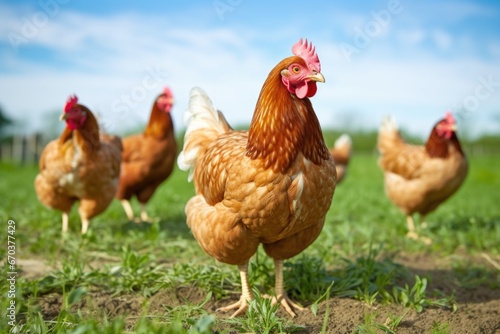 organic hens freely roaming in a grassy farmyard