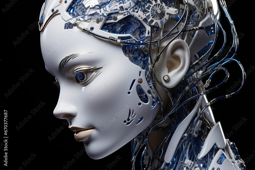 Beautifully-crafted female robot sculpture with intricate metal engraving and captivating glass eyes Beautifully-crafted female robot sculpture with intricate metal engraving and captivating glass eyes
