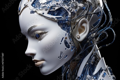 Beautifully-crafted female robot sculpture with intricate metal engraving and captivating glass eyes