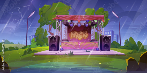 Open air music festival stage with speakers in rain with thunder and lightning. Cartoon vector of summer rainy public city park landscape with empty musician performance scene under falling drops.