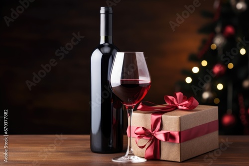 a bottle of wine next to a gift box