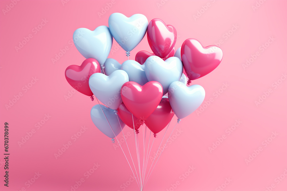 Colorful heart shaped balloons on yellow background 3D render