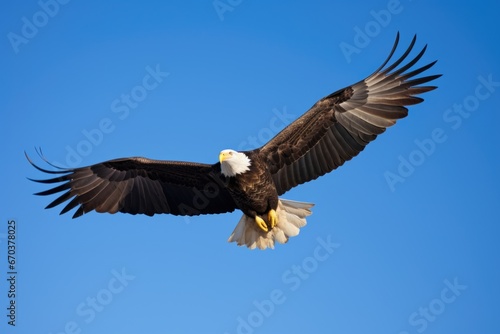 a bald eagle soaring in a clear blue sky