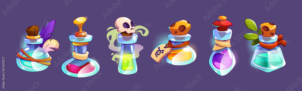 Obraz premium Magic game elixir potion bottle cartoon icon set. Medicine glass flask with poison ui vector illustration for rpg lab interface. Wizard alchemy glow object with skull 2d gui elements collection
