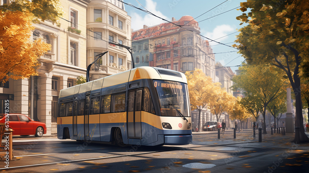 Obraz premium City Tram Passing by in an Urban Street