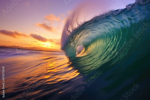 two waves merging in the ocean during sunset © Natalia
