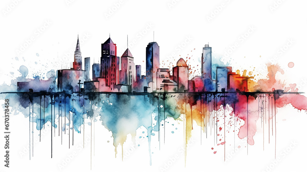 multicolored watercolor flat drawing of a city line in the style of ink spots on a white background.
