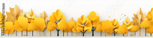 a row of yellow trees on a white background 3d graphics narrow long panorama.