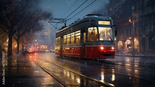 City Tram Passing by in an Urban Street