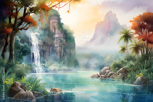 watercolour painting of the paradise landscape, a picturesque natural environment in soft harmonious colours photo