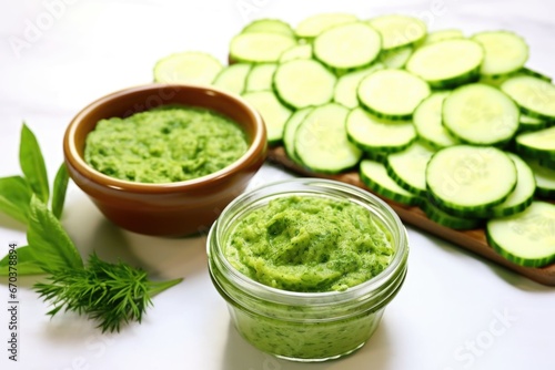 a pile of cucumber slices next to a bowl of cucumber paste