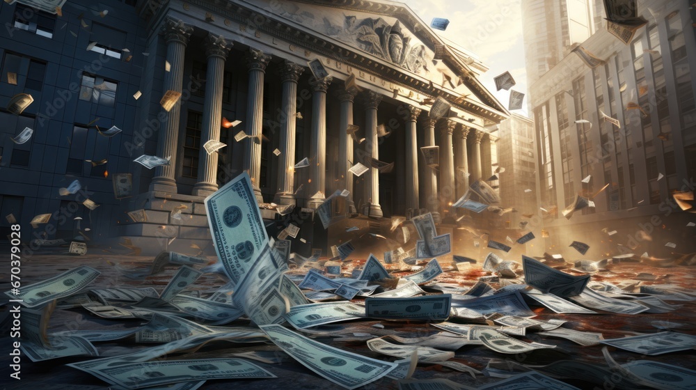 A bank building with bank notes collapsing down. Economic, banking, and fiat money crisis concept - obrazy, fototapety, plakaty 
